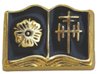 The Senior Service Award is a guard pin in the shape of an open book, with black enamel and a gold Tudor rose on one side and a double cross crosslet on the other.