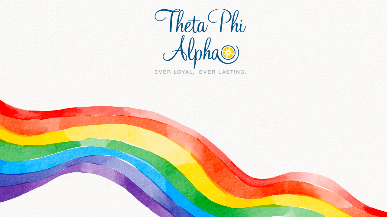 Image contains a white background with the Theta Phi Alpha logo at the top and a rainbow at the bottom.